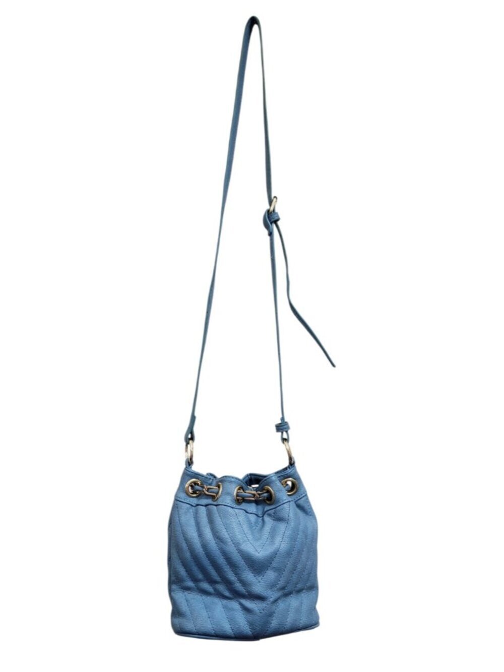 Free People Blue Faux Leather Mini Bucket Bag Gold Chain Drawstring Crossbody - Picture 4 of 14
